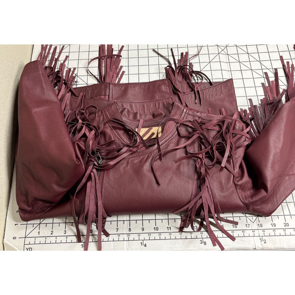 Cleobella Everly Fringe Moto 100% Genuine Sheep Leather Jacket Burgundy Red L - Picture 8 of 13